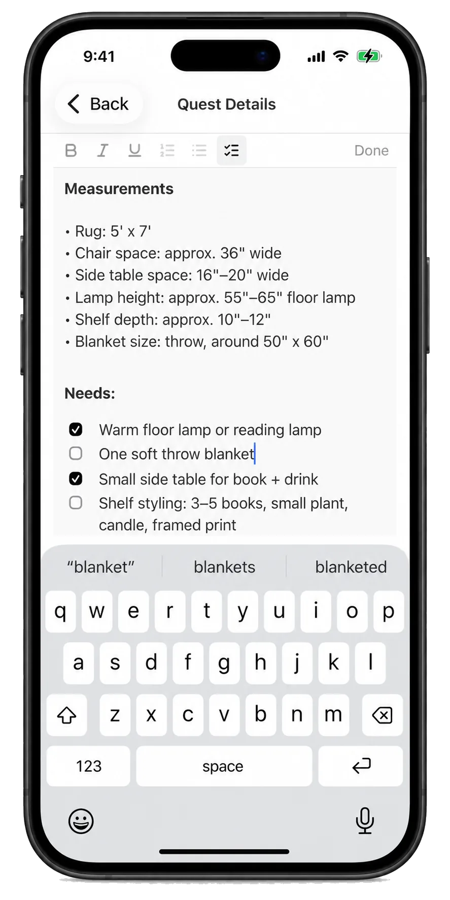 Rich notes with lists and checkboxes